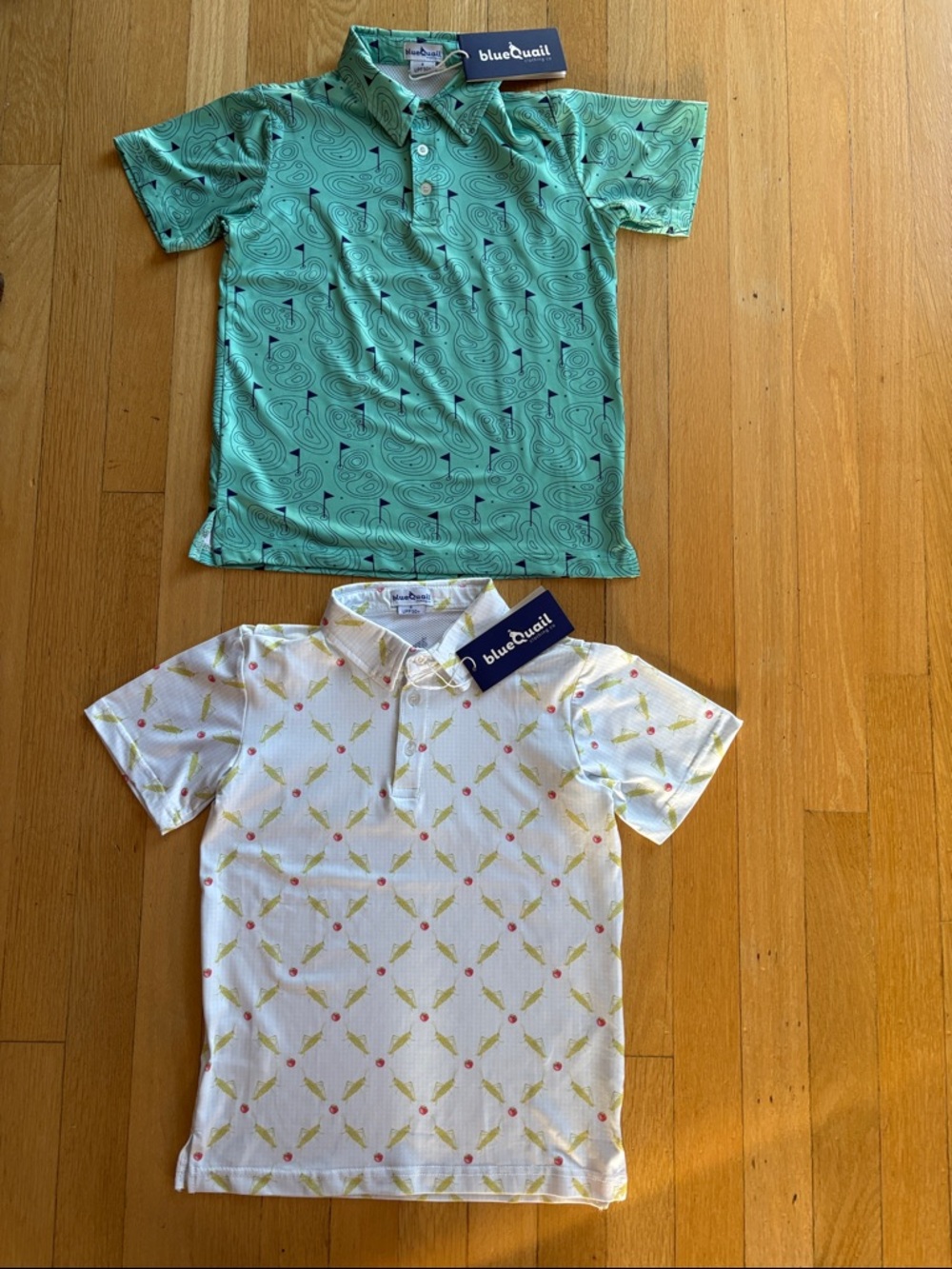 BlueQuail, Boys, size 6, 2x Polo Shirts- Teal w/ golf and White w/ Grasshoppers